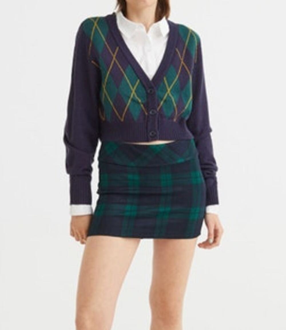 DIVIDED by H&M Cardigan Size S Navy Blue Cropped Plaid Green